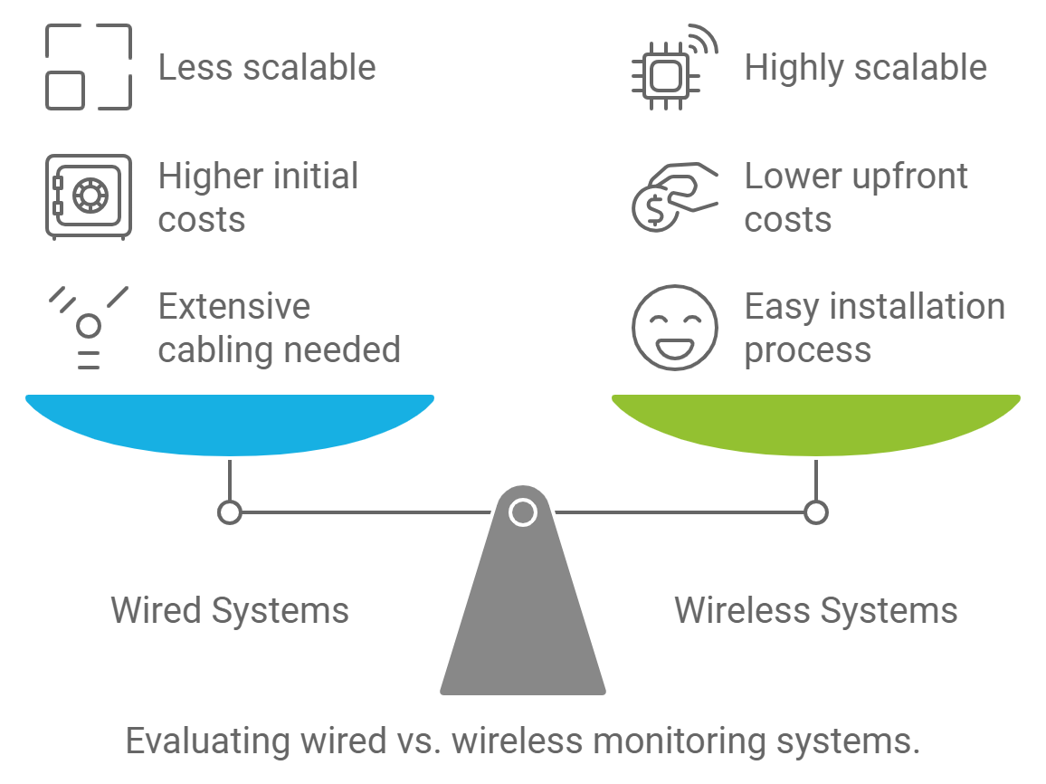 image showing a comparison between wired vs wireless monitoring systems